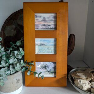 Mini O'ahu Beach Stacked Watercolor Landscapes in Vintage Veritcal Wood Frame